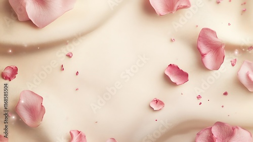 Fototapeta Naklejka Na Ścianę i Meble -  Delicate rose petals scattered on a beige fabric