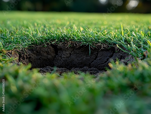 Close up View of Gopher Holes and Mounds Disrupting a Lush Backyard Lawn Pest Damage Concept