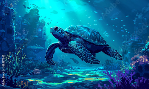 Underwater wildlife conservation efforts featuring a sea turtle coral reef ecosystem ocean environment vibrant underwater viewpoint photo