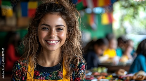 Wallpaper Mural Teacher Leading Cultural Exchange Day with International Foods and Flags Promoting Peace Through Understanding Torontodigital.ca