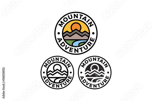 mountain peak with sun and river circle badge vector illustration template graphic design collection with colorful, filled and line art style for adventure and outdoors merchandise and other uses.