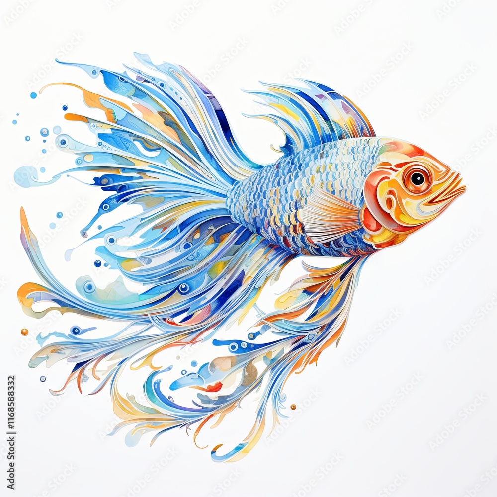 Fototapeta premium This illustration features fish with flowing blue fins. The fins resemble waves, creating a dynamic look as the fish faces left, showcasing its vibrant colors and elegant movement.