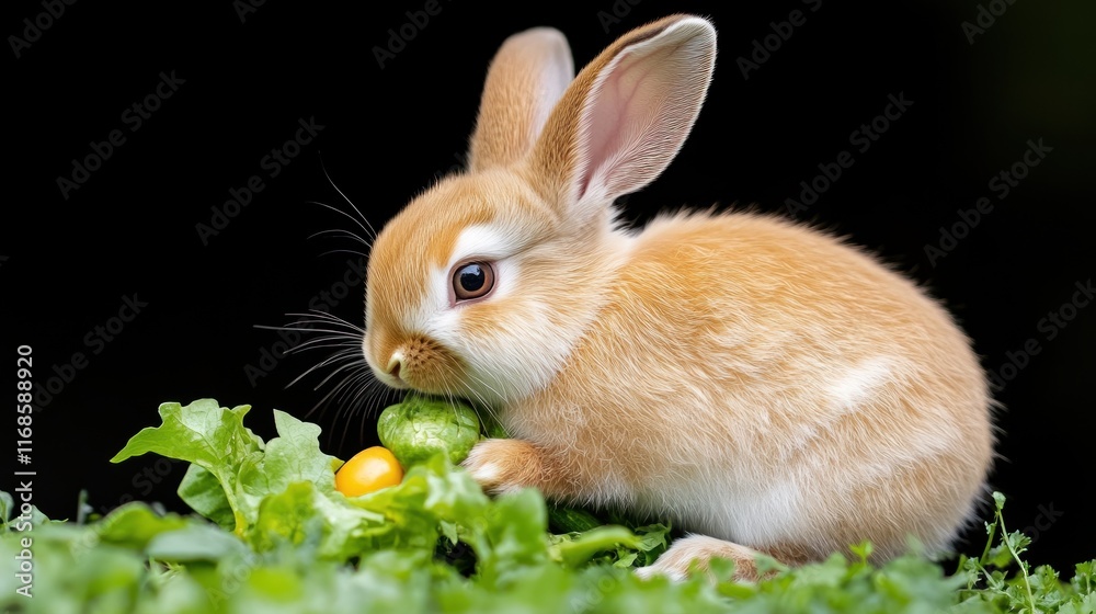 Fototapeta premium A cute rabbit nibbling on fresh lettuce and a small yellow fruit.