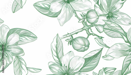 Green Floral Illustration Seamless Pattern