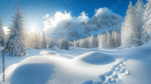 Snow covered mountain landscape with sunburst through frosted pine trees