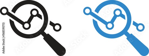 A set of marketing data analysis magnifying glass icons, search, targeting with different colors. Data, analysis, search, statistics, financial development monitoring. Vector illustration