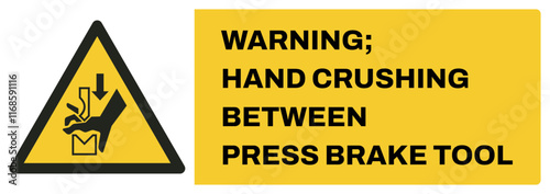 ISO warning safety signs uppercase text_warning ; hand crushing between press brake tool_landscape size 1/2 a4/a3/a2/a1