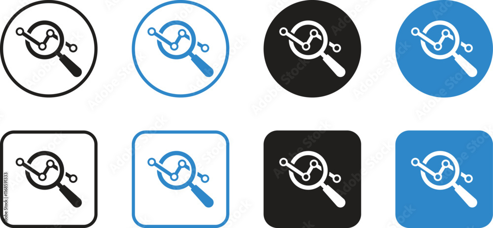 A set of magnifying glass data analysis marketing, search, targeting icons. Data, analysis, search, statistics, financial development monitoring. Vector illustration A set of magnifying glass data analysis marketing, search, targeting icons. Data, analysis, search, statistics, financial development monitoring. Vector illustration