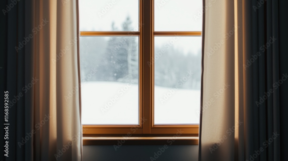 Naklejka premium A cozy window view framed by curtains, revealing a snowy landscape outside, creating a serene winter atmosphere.