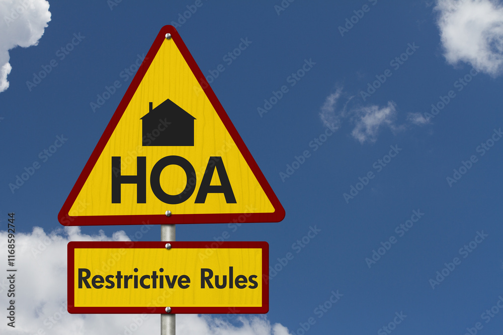 HOA restrictive rules warning sign against blue sky HOA restrictive rules warning sign against blue sky