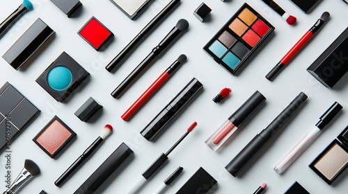 Flat lay of various makeup products arranged in a geometric pattern on a white background.