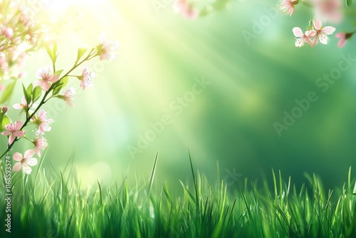 Soft sunlight filtering through blooming branches in a lush green landscape