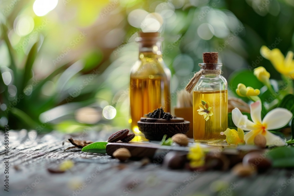 Natural essential oils in glass bottles surrounded by tropical flowers and nuts on a wooden table in a lush green environment.