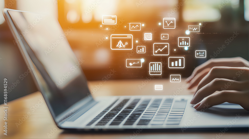 Person typing on a using keyboard. Person working on laptop in cafe, job search, freelancing and internet web search with digital holographic icons on a sunlit background 