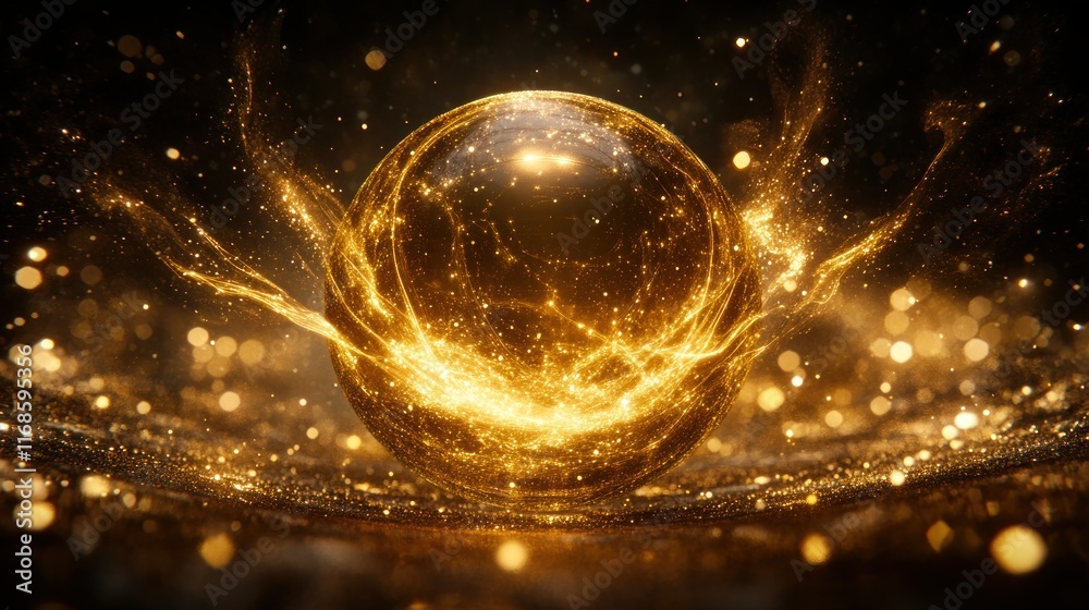 Obraz premium Glowing golden orb with swirling energy, dark background.