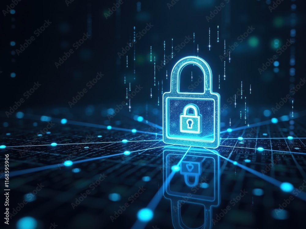Digital lock symbol representing cybersecurity and data protection in a virtual environment with glowing elements Digital lock symbol representing cybersecurity and data protection in a virtual environment with glowing elements