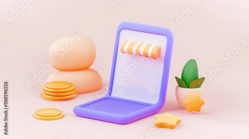 Online Shopping App Interface with Coins Stars and Plant 3D Render photo