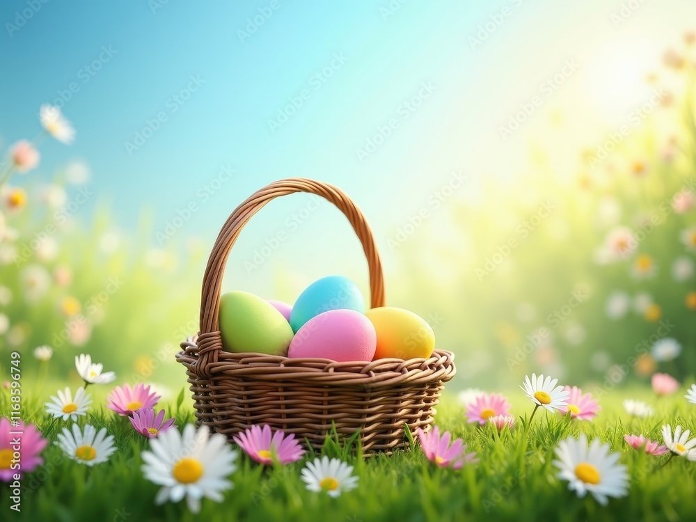 Colorful Easter eggs nestled in a woven basket surrounded by vibrant wildflowers under a clear blue sky during springtime