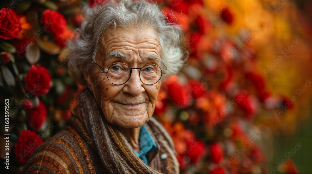 Elderly Woman Smiling in Front of Vibrant Red Flowers in Autumn Elderly Woman Smiling in Front of Vibrant Red Flowers in Autumn