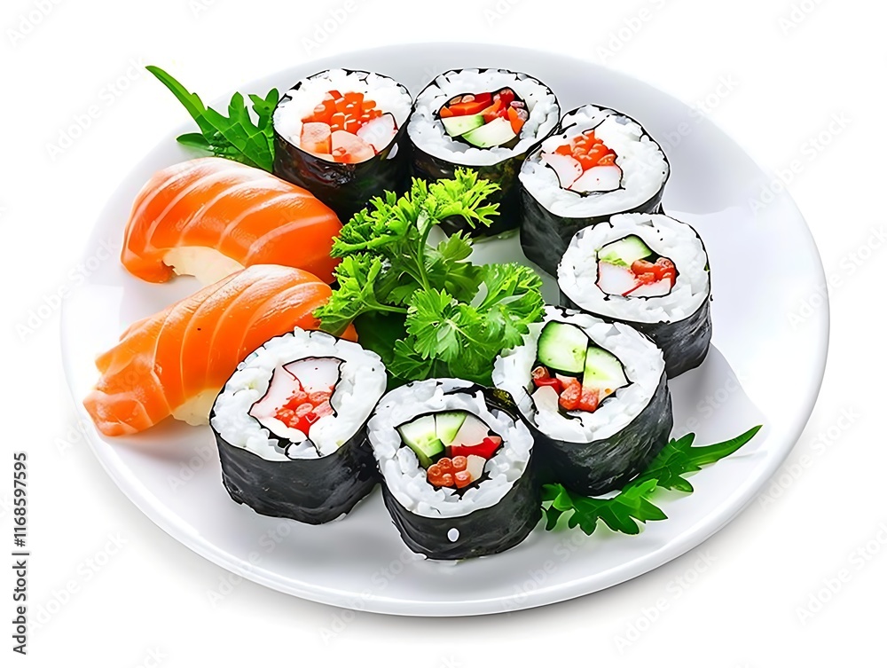 plate of freshly made sushi rolls with garnishes plate of freshly made sushi rolls with garnishes