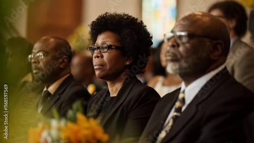 A solemn congregation in formal attire attentively participating in a church service