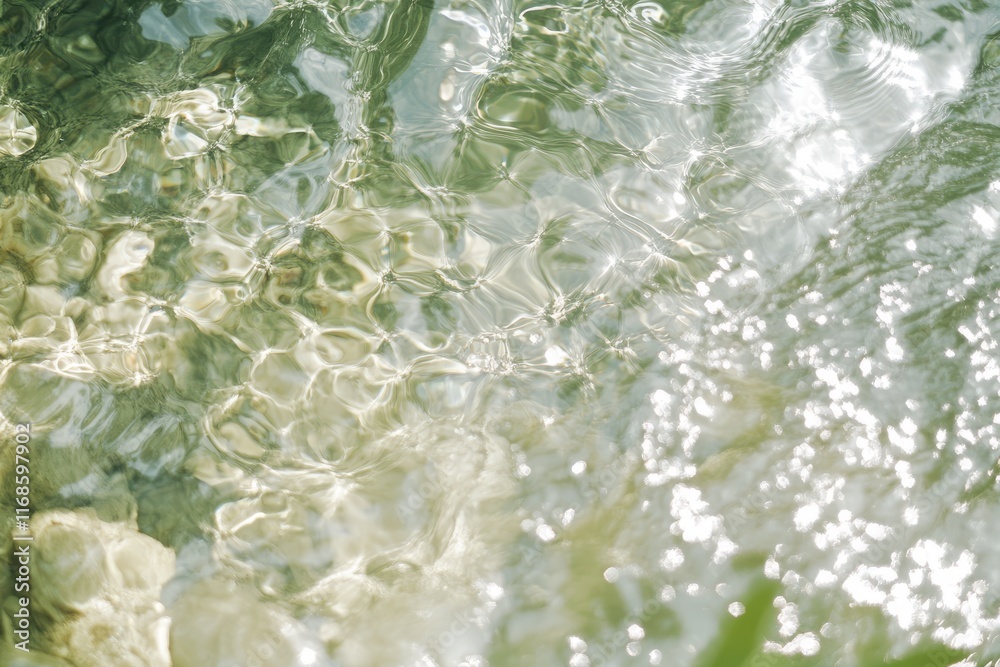 Fototapeta premium Water shimmering under sunlight reveals a vibrant underwater landscape with pebbles and aquatic plants
