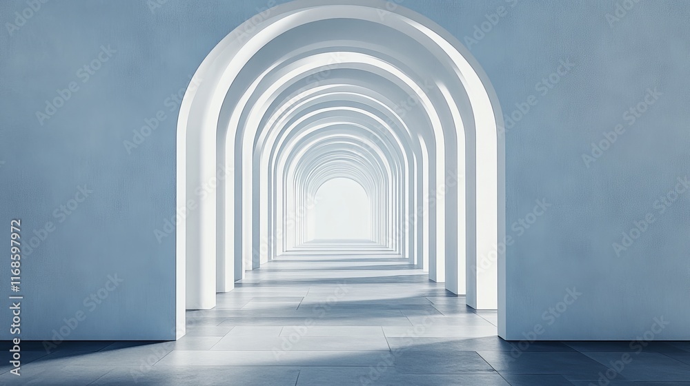 Light-filled hallway with repeating arched doorways. Light-filled hallway with repeating arched doorways.