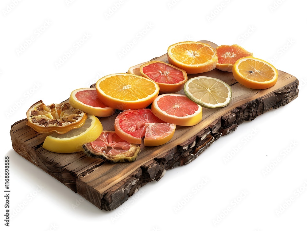 rustic cutting board with sliced citrus fruits rustic cutting board with sliced citrus fruits