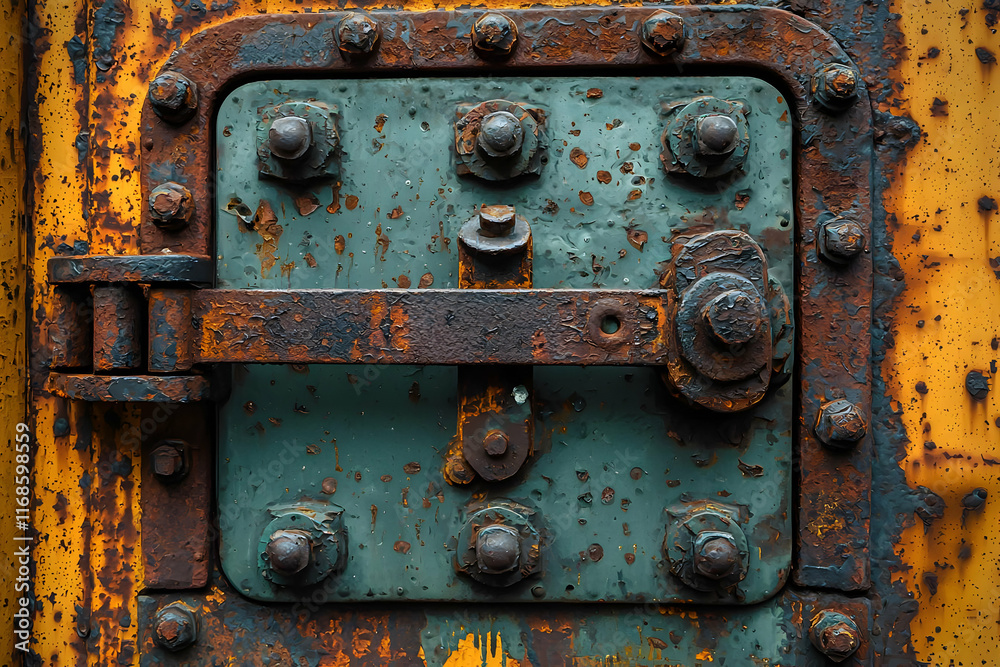 Rusty Metal Panel with Bolts & Hinge: Industrial Texture Rusty Metal Panel with Bolts & Hinge: Industrial Texture