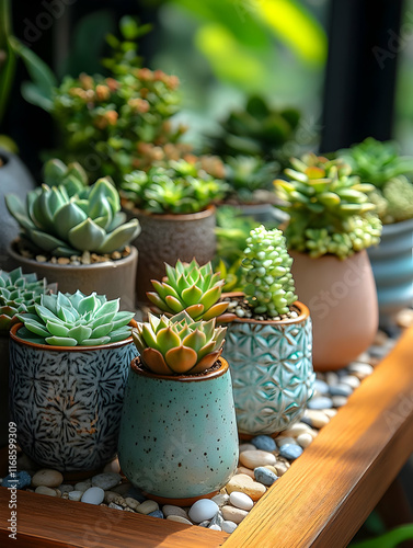 Wallpaper Mural Collection of succulents in various pots on wooden tray. Torontodigital.ca