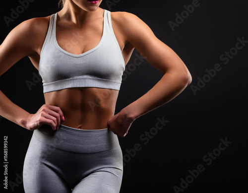 Cuerpo esbelto y cintura delgada de una mujer joven deportista con ropa de deporte sobre fondo blanco photo