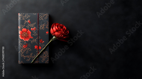 A beautifully wrapped gift with floral patterns and a deep red rose rests on a black surface, creating a luxurious and romantic atmosphere with a contrast of bold colors and elegant details. photo