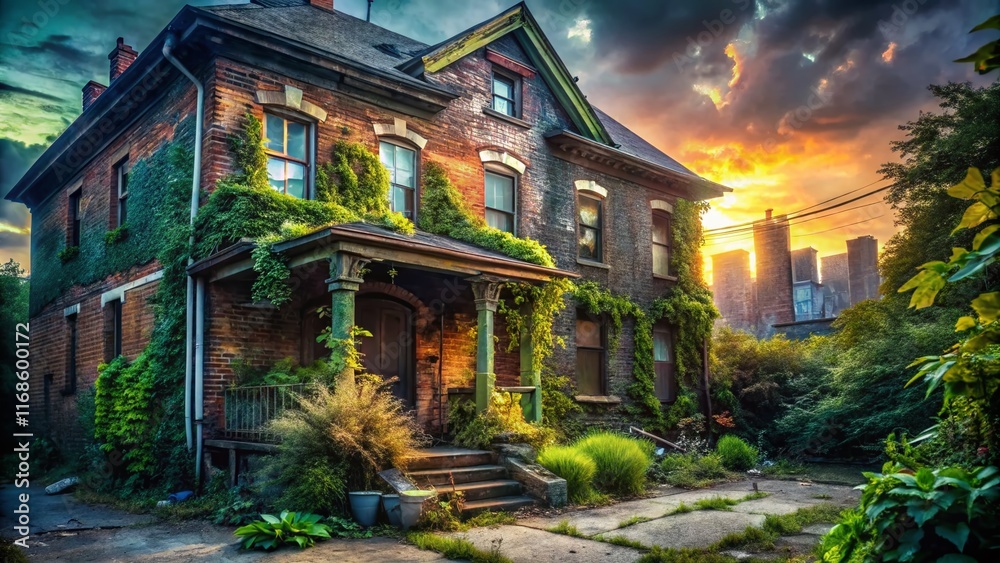 Fototapeta premium Abandoned Urban House Exterior Real Estate Banner - Grungy Industrial Building for Sale