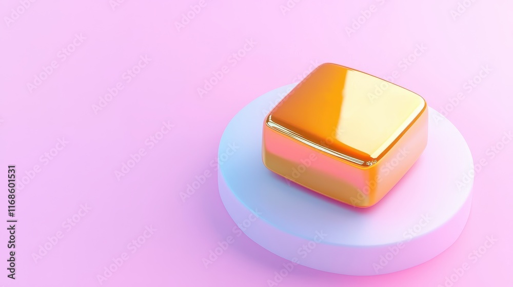 Shiny Gold Cube on Pastel Pink and Blue Platform Minimalist 3D Render Shiny Gold Cube on Pastel Pink and Blue Platform Minimalist 3D Render