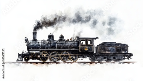 Watercolor painting of a vintage steam locomotive emitting smoke against a white background.