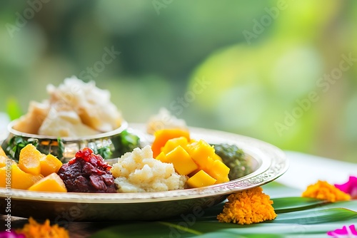 Traditional balinese multi course meal displayed on ornate platter photo