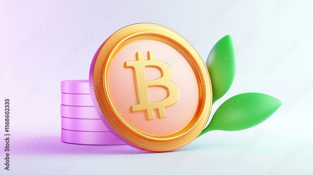 Golden Bitcoin Cryptocurrency Coin with Stack Green Leaves Digital Currency Growth Concept Golden Bitcoin Cryptocurrency Coin with Stack Green Leaves Digital Currency Growth Concept