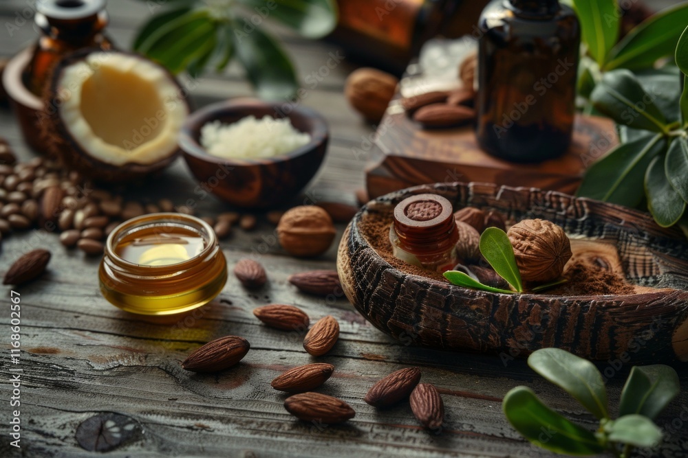 Natural beauty ingredients with jojoba oil, nuts, and seeds on a rustic wooden surface in a cozy setting Natural beauty ingredients with jojoba oil, nuts, and seeds on a rustic wooden surface in a cozy setting