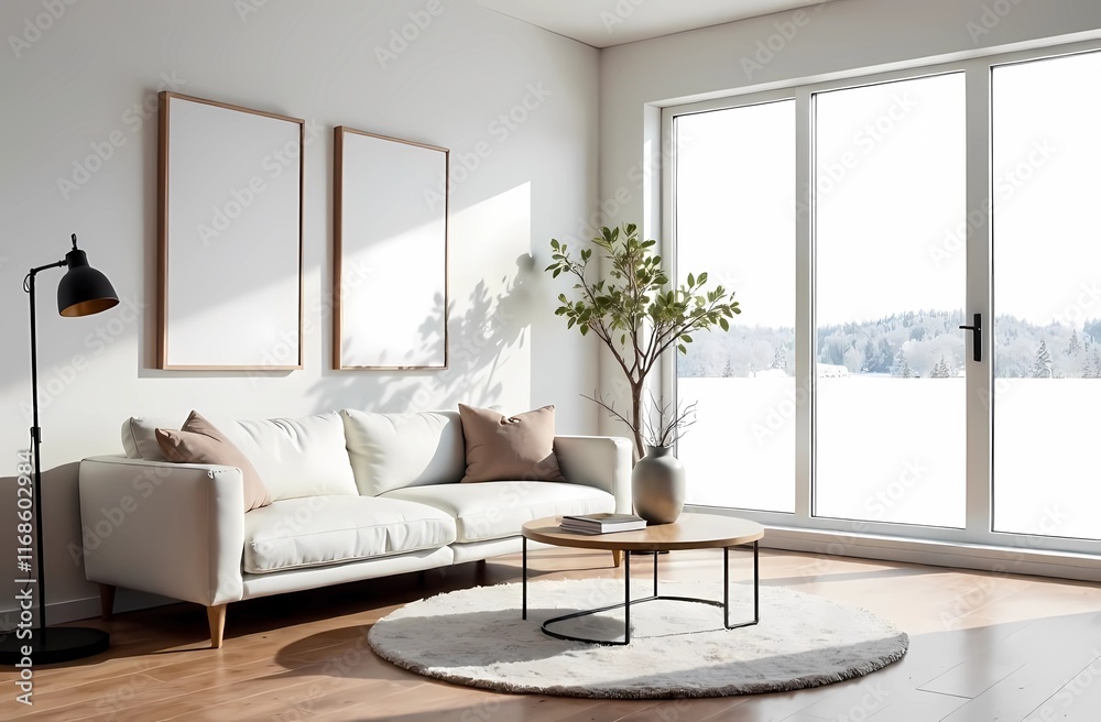 Living room with a minimalist design: white diva, wall decor and a large window overlooking a serene white landscape creating a Scandinavian-inspired look Living room with a minimalist design: white diva, wall decor and a large window overlooking a serene white landscape creating a Scandinavian-inspired look