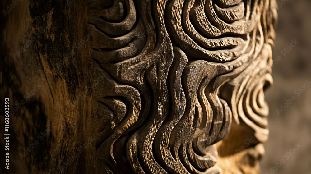 Intricate wood carving detail, abstract swirling pattern. Intricate wood carving detail, abstract swirling pattern.