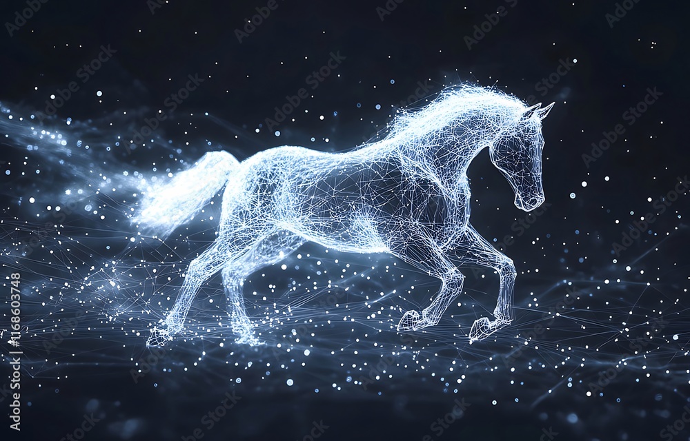 Glowing wireframe horse running on dark background. Glowing wireframe horse running on dark background.
