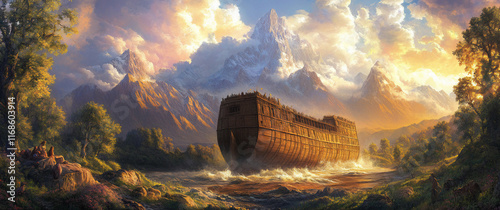 Noah Ark in deluge of water. The destruction of wicked people and the Nephilim in Noah's day. Earth’s Deluge, and Preservation of Eight Lives in Noah's day