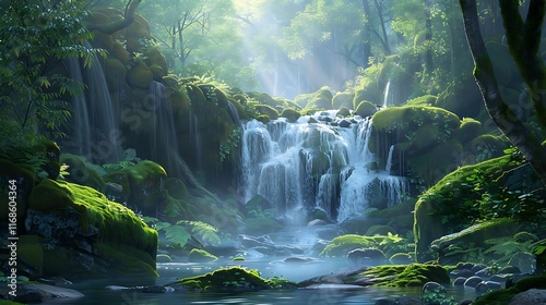 tranquil waterfall surrounded by moss-covered rocks