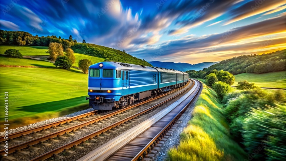 Fototapeta premium Fast Blue Train Speeding Through Landscape - Dramatic Documentary Photography