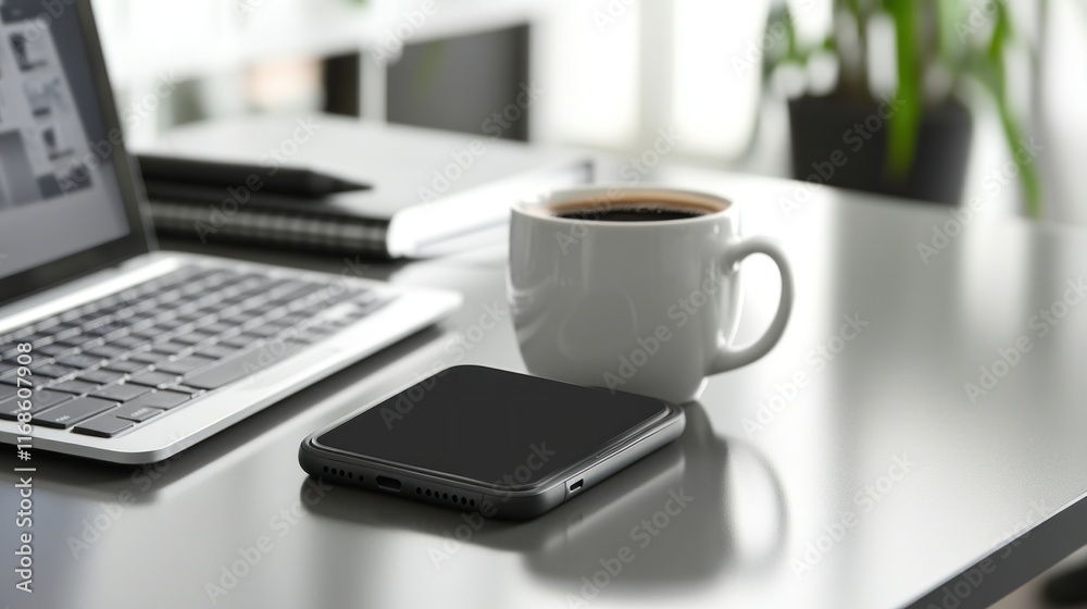 Modern workspace with laptop, smartphone, and coffee. Modern workspace with laptop, smartphone, and coffee.