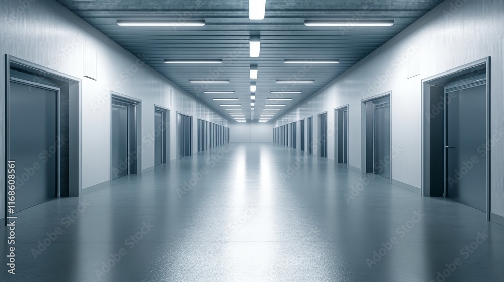 Long, empty corridor with metal doors and shiny floor. Long, empty corridor with metal doors and shiny floor.