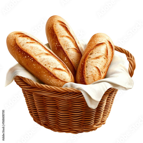 french baguette- Bread in wicker bascket isolated on transparent background . photo