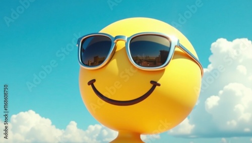 In a vibrant, sun-kissed environment, a large, cheerful yellow smiley emoji, roughly the size of a human head, wears a pair of trendy, oversized, mirrored sunglasses with bright silver frames, its bri