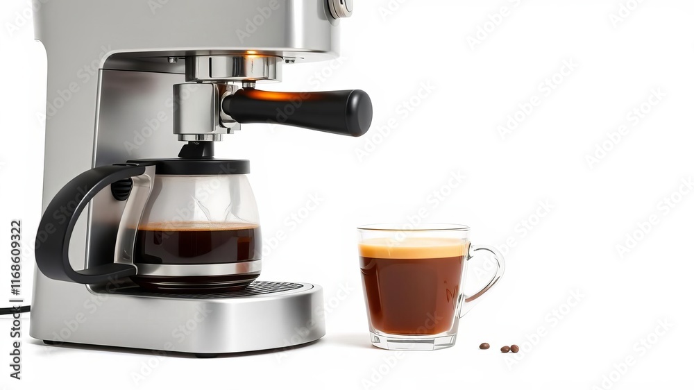 Coffee machine and holder with steaming cup of freshly brewed coffee, with space for text and design, holder, image Coffee machine and holder with steaming cup of freshly brewed coffee, with space for text and design, holder, image