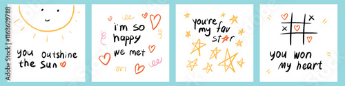 Set of Valentines Day doodle greeting card. Love letter hand drawn. Romantic childish drawings
